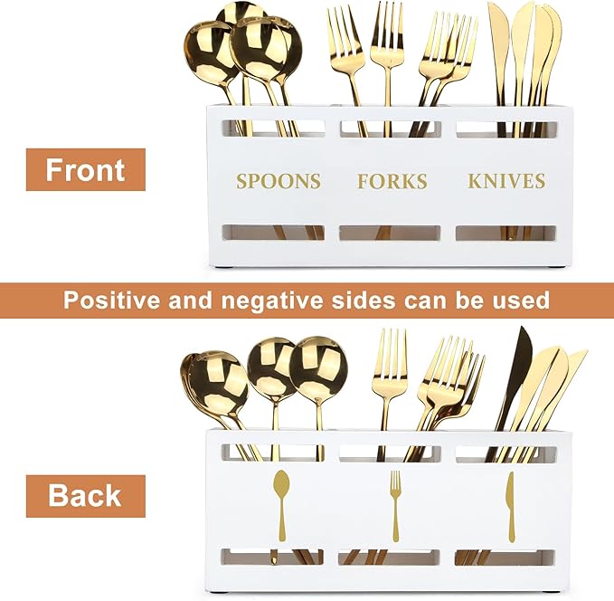 Ayiaren Wood Flatware Silverware Caddy White Cutlery Holder Kitchen Utensils Holder for Party Wooden Silverware Organizer for Countertop Knife Spoon and Fork Holder Table Utensil Caddy Organizer-NeatNest