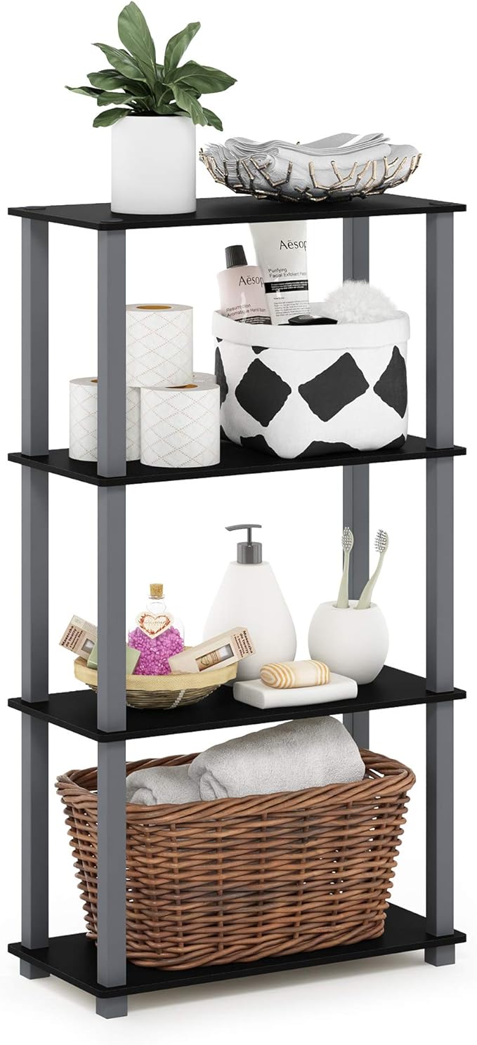 Furinno Turn-N-Tube 4-Tier Multipurpose Shelf Display Rack, Square Tube, Black/Grey-NeatNest
