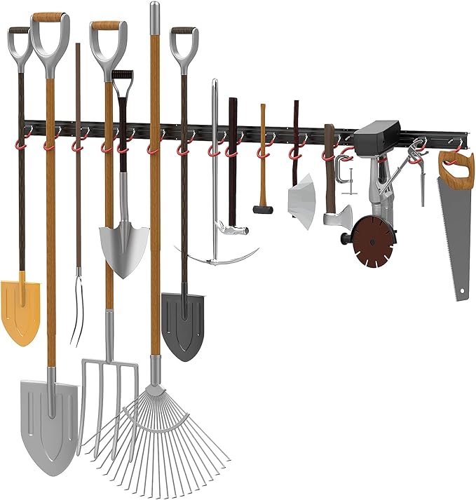 WALMANN All Metal 64 Inch Wall Mount Garden Tool Organizer for Garage, Mop and Broom Holder, Yard Tool Storage Rack for Rake, Shovel, Spade, Mop, Broom(4 Rails, 16 Hooks)-NeatNest