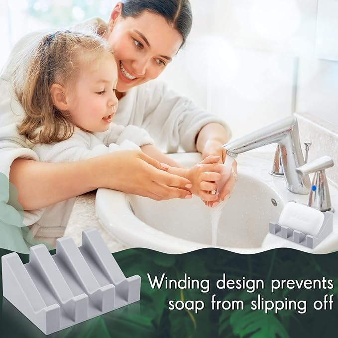 Cunhill 2 Pieces Silicone Soap Dish Self Draining Soap Dish Shower Waterfall Bar Soap Holder Tray with Drain Soap Saver for Kitchen Bathroom Accessories (Light Grey)-NeatNest