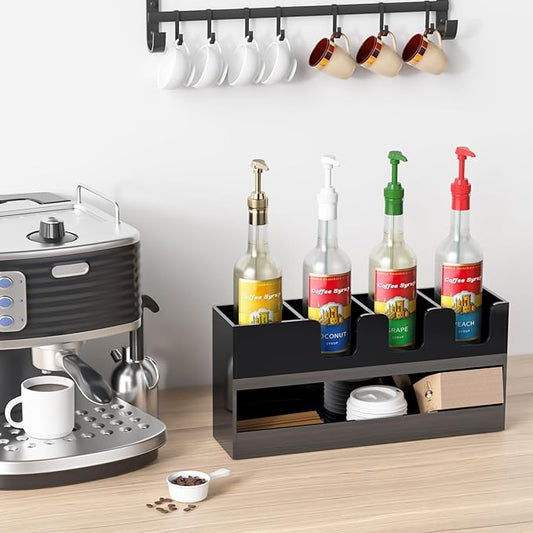 Coffee Condiment and Cup Organizer - 2-Tier Upright Cup and Lid Holder with Straw Organizer 5 Compartments Black Acrylic Cup Dispenser for Restaurant Breakroom Coffee Station Countertop-NeatNest