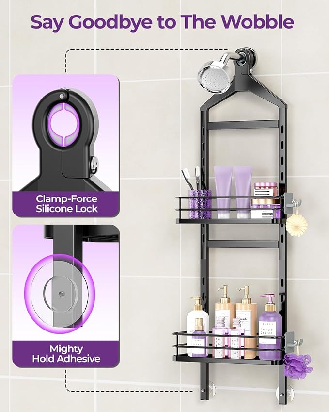 ODesign 2 Tier Height-Adjustable Shower Caddy Hanging Anti-Swing-Over The Shower Head Caddy Storage Organizer Bathroom Shelves Basket-Black