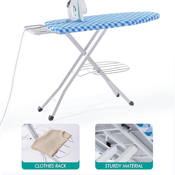 Ironing Board, Heat Resistant Cover Iron Board with Steam Rest, Non-Slip Foldable Ironing Stand. Heavy Sturdy Metal Frame Legs Iron Stand(13 * 34 * 53 Inches) (Blue White)