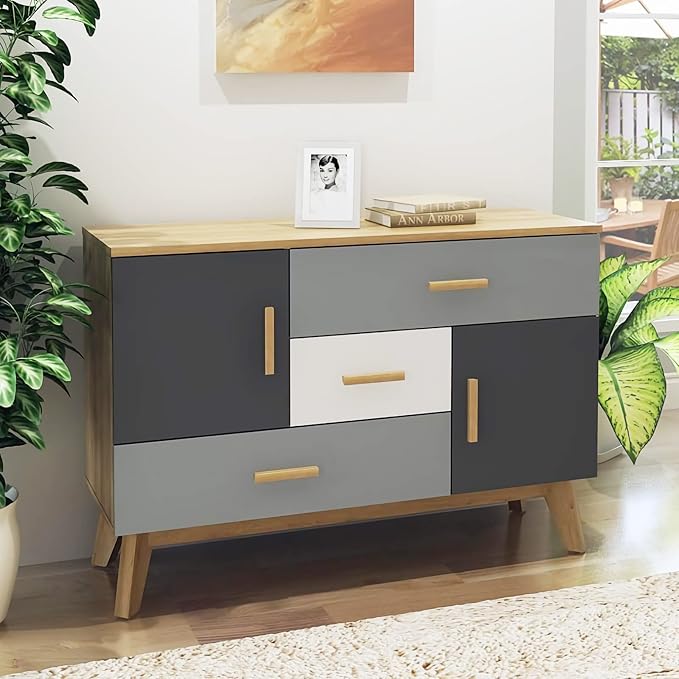 Giantex Free-Standing Floor Storage Cabinet with 2 Doors, 3 Drawers, Adjustable Shelf, Multifunctional Accent Dresser for Living Room, Entryway, 47 Inch Kitchen Sideboard