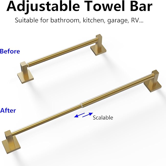 Adjustable Towel Bar, 14.4inch - 25.2inch Towel Rack, Wall Mounted for Bathroom, Kitchen Hand Towel Holder Cloths Hanger SUS 304 Stainless Steel Organizer Single Bar (Gold)