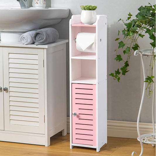 AOJEZOR Toilet Paper Holder Stand: Small Bathroom Storage Cabinet - Jelly Pink - White-NeatNest
