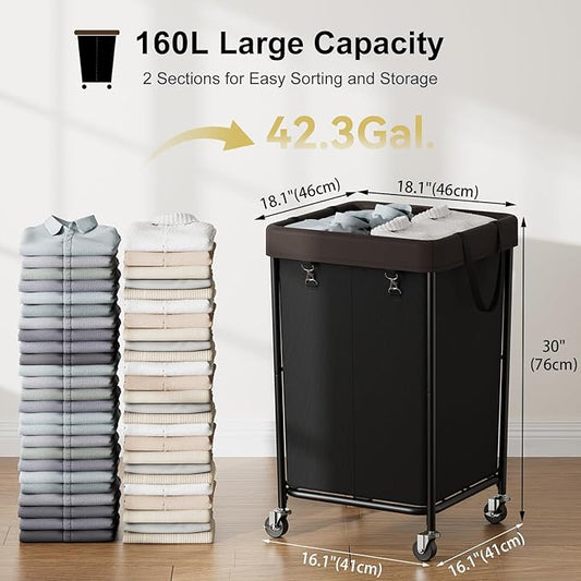 Chrislley 160L Laundry Hamper with Wheels, 2 Section Large Laundry Basket with Removable Bag, Steel Frame Dirty Clothes Hamper, Rolling Laundry Cart for Bedroom, Bathroom, Dorm, Hotel, Black-NeatNest