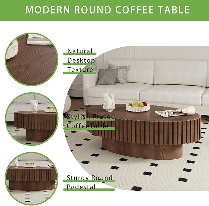 Handmade Oval Grooved Drum-Shaped Coffee Table、Rustic Modern Circular Centerpiece for Living Room & Farmhouse Decor、Easy to Clean (C Walnut 43in)