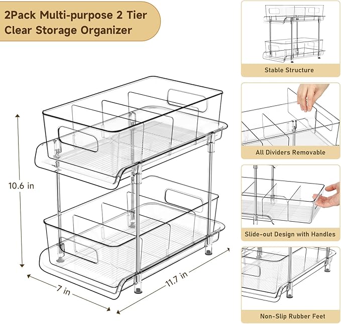 HIHEGD 2-Tier Bathroom Organizer with Dividers, Clear Under Sink and Pull-Out Cabinet Organizer for Kitchen and Pantry Storage-NeatNest