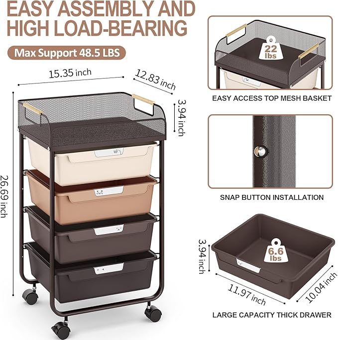 Rolling Cart with 4 Drawers,4 Tiers Rolling Utility Cart Craft Cart,Rolling Storage Drawer Cart with Mesh Top,Storage Cart with Drawers & 4 PCS DIY Lable, Brown