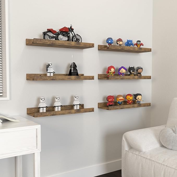 Floating Shelves Set of 6, Farmhouse Wall Shelves with Lip, Display Shelves for Wall Decor, Rustic Picture Ledge for Living Room, Bedroom, Nursery, Bathroom, Pictures, Books, Plants- Brown-NeatNest
