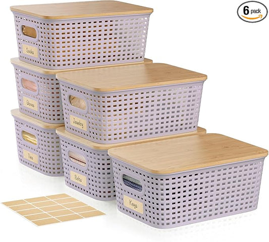 6-Pack Small 5 Qt Stackable Storage Bins with Bamboo Lids - Decorative Cute Plastic Baskets Boxes Containers with Labels for Organizing Shelves, Classroom, Closet, Desktop, Office - Purple-NeatNest