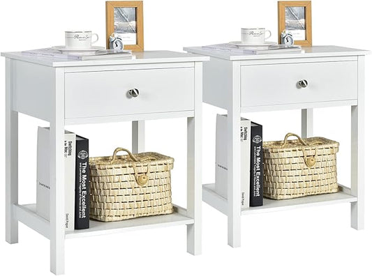 Giantex Nightstand Set of 2, Wood End Table with Drawer and Open Shelf, Night Stand for Small Spaces, 2-Tier Bedside Table for Living Room Bedroom Dorm, Easy Assembly, White