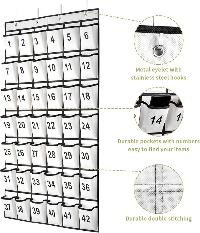 42 Pockets Numbered Classroom Pocket Chart for Cell Phones, Hanging Pocket Chart Storage for Classroom Phone Calculator Holder with 4 Hooks and 42 Clear Numbers Printing (White-42pockets)-NeatNest