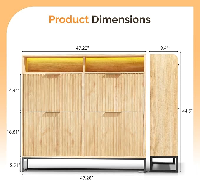VINGLI Fluted Shoe Cabinet Storage for Entryway,Hidden Shoes Storage Cabinet with 4 Flip Drawers, Mid Century Modern Shoe Rack with LED Light,Shoes Organizer with Cubby for Hallway(Natural Oak)-NeatNest