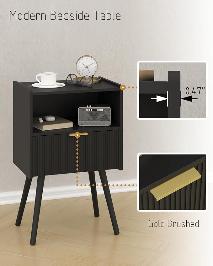 Black Nightstand,Modern Bedside Table with Storage Drawer and Open Wood Shelf, for Living Room, Bedroom and Small Spaces, Accent Night Stand with Solid Wood Legs, Easy Assembly,Classic Black-NeatNest