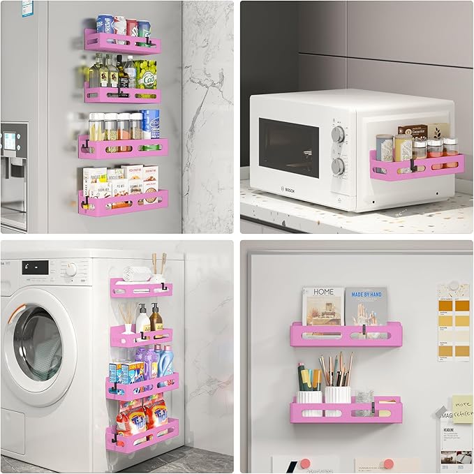 4 Pack Magnetic Spice Rack for Refrigerator, Spice Rack Organizer, Moveable Magnetic Shelf Fridge Organizer with 4 Hooks for Kitchen and Oven Organization, Pink