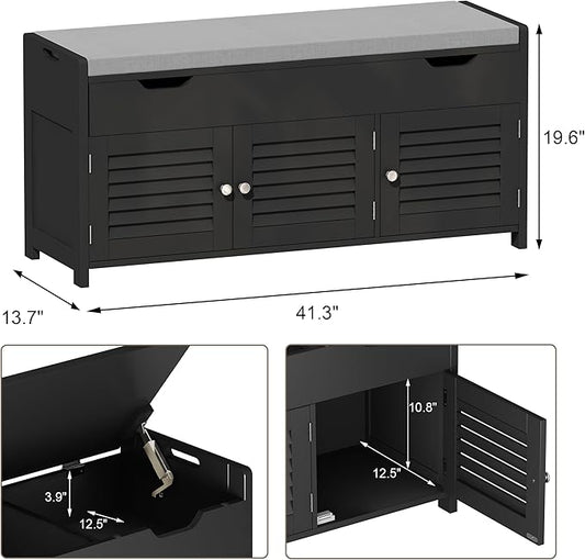 ChooChoo 41.3" Shoe Storage Bench with Lift Top Storage, Entryway Bench with Cushioned Seat, Adjustable Shelf, Shoe Cabinet with Hidden Space, for Entryway, Bedroom, Living Room, Black-NeatNest