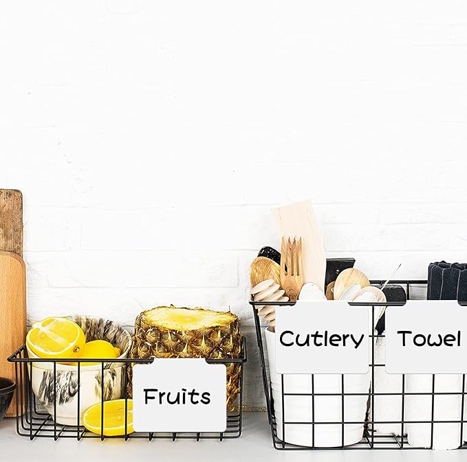 18 Pcs White Basket Labels Clip on Removable Hanging Label Holder with Chalk Markers for Storage Bin Basket Box Kitchen Pantry