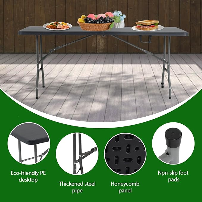 6 Foot Folding Table Small Table Multipurpose Indoor Outdoor Heavy Duty Camping Table Portable Picnic Table Fold-in-Half Utility Dining Table Lock for Picnic,Party,Camping,Black-NeatNest