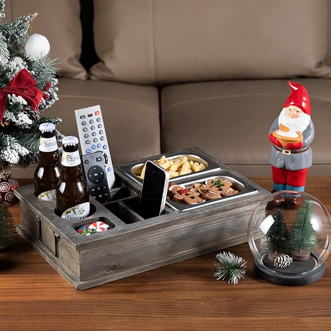 MyGift Vintage Gray Wood Beverage and Snack Server with Remote Control Holder for Living Room, Coffee Table, Caddy for Snacks, Drinks, Remote Control Organizer, TV Tray-NeatNest