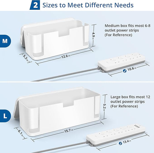 Cable Management Box White, 2Pack Cord Organizer Box - Extra Large and Medium Size, Cord Hider Box to Conceal Power Strips on Desk or Floor, Made from Electrically Safe ABS Material-NeatNest