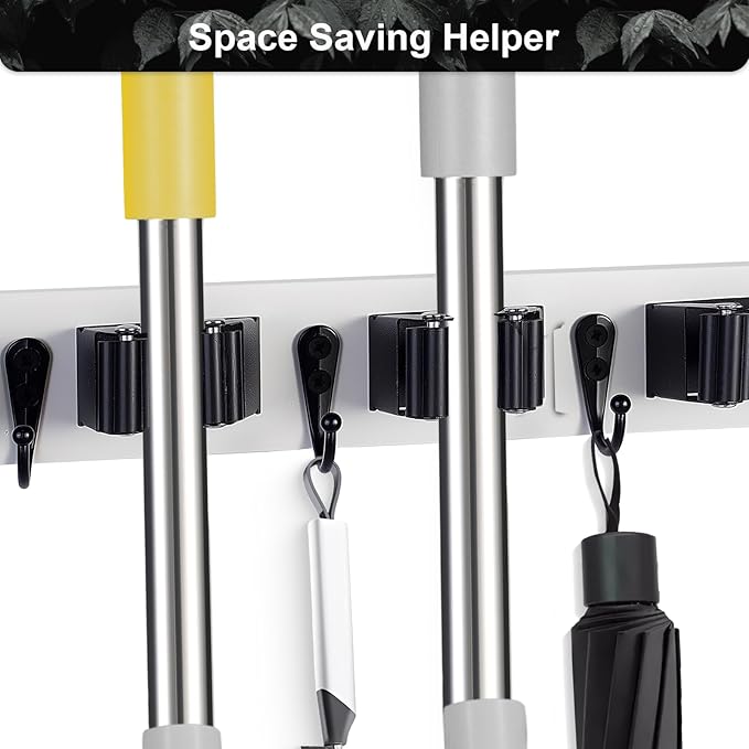 Broom Holder Wall Mount With 5 Slots & 4 Hooks，Rustic Wood Broom & Mop Hanger，Wall Mounted Garden & Garage Tool Storage Organizer Rack for Closet Laundry Room or Kitchen Wall Decor White-NeatNest