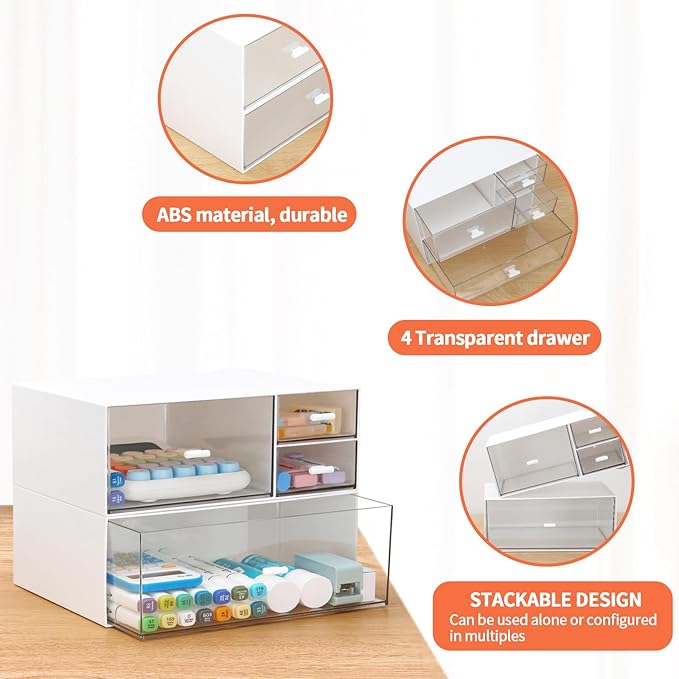 LETURE Desk Office Stationery Organizer with 4 Drawers, Desktop Vanity Makeup Organizer, Plastic Sundries Cosmetic Storage Organizer for Bathroom Counter or Dresser (White-4 Drawer)-NeatNest