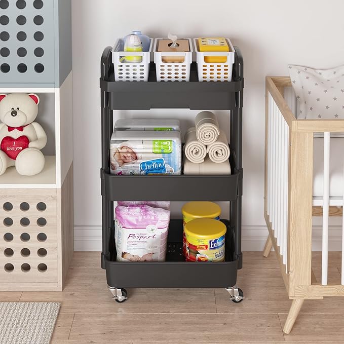 Calmootey 3-Tier Rolling Utility Cart with Drawer,Multifunctional Storage Organizer with Plastic Shelf & Metal Wheels,Storage Cart for Kitchen,Bathroom,Living Room,Office,Black-NeatNest