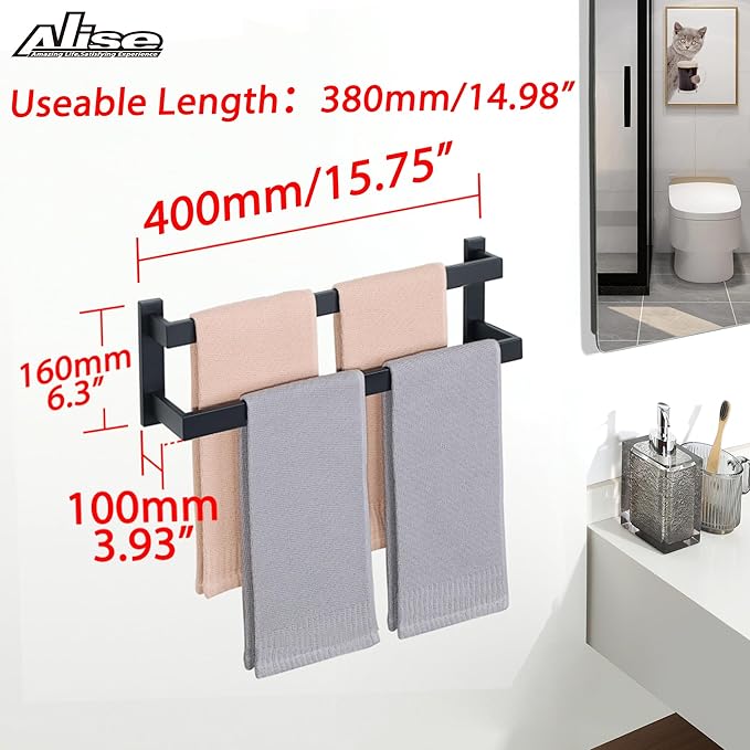 Alise Bath Double Towel Bars,Black Towel Holder Towel Racks for Bathroom Lavatory,Wall Mount Towel Hanger SUS304 Stainless Steel Towel Rail,GOY2400-B Matte Black 16 Inch