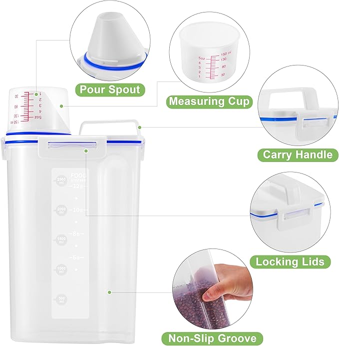 2 Pcs 5.5Lbs Rice Dispenser Storage Containers, Rice Container with Measuring Cup & Pour Spout, Kitchen Plastic Airtight Container for Cereal, Grain, Flour, Sugar, Oatmeal, Dry Pet Dog Food-NeatNest