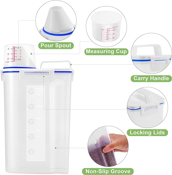 6 Pcs Set Rice Storage Container, Flour Dispenser with Pouring Spout & Measuring Cup, Kitchen Plastic Dry Food Storage Bin for Grain Oatmeal Snacks Pet Dog Food-NeatNest