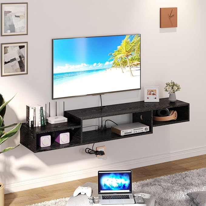 4 EVER WINNER Floating TV Stand, with LED Lights, 59” Floating Entertainment Center with Power Outlet and Storage, Floating TV Shelf Media Console Cabinet for Gaming Box Audio Video, Black-NeatNest