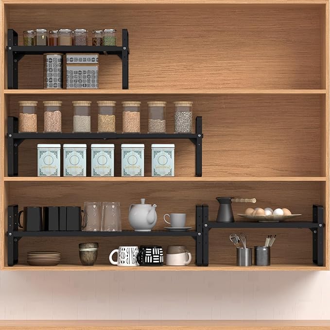Expandable Cabinet Shelf Organizer Adjustable Metal Spice Rack Stackable Freestanding Counter Storage Shelves for Kitchen Cabinet Under Sink Office Desk (Black - 3Pack - L16.5-27'' * W10.2'' * H9.6'')-NeatNest