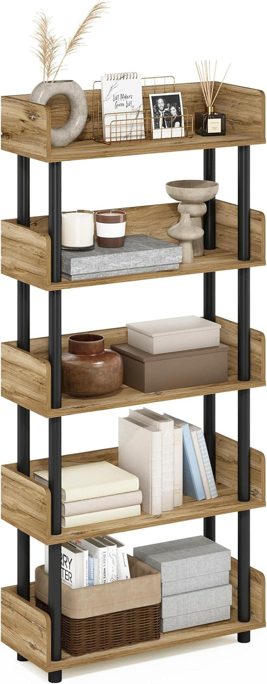 Furinno Turn-N-Tube 5-Tier Multipurposes Display Rack, Open Shelf Rack/Storage with back & side panel, Flagstaff Oak/Black-NeatNest