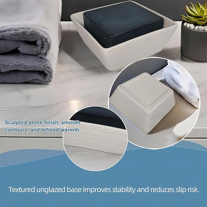 Ceramic Soap Dish, Vonpri Soap Holder Tray, Non-Slip Square Soapbox Container for Handmade Bar Bathroom Sink, Countertop, Shower Stone Texture (White)-NeatNest