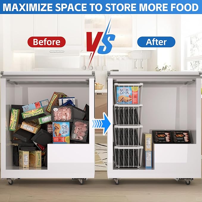 4 Pack Freezer Organizer Bins(14.6‘’L X 7.1‘’W X 5.2‘’H) for 7 Cu.FT Chest Deep Freezer Sort Frozen Meats | Deep Freezer Organizer Bins Get Food Easily w/Handle(White)