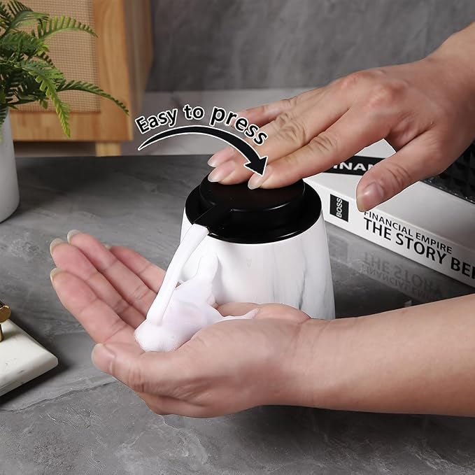 12Oz Foaming Hand Soap Dispenser - Ceramic Bathroom Foam Soap Dispenser with Easy-to-Press Black Pump, Refillable Lotion Hand Dispenser, Dish Soap Dispensers for Kitchen, Marble White-NeatNest