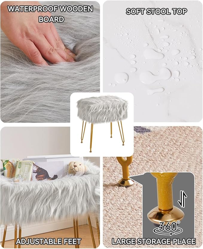 IBUYKE Rectangular Faux Fur Vanity Stool with Storage, Furry Makeup Chair Ottoman, Soft Padded Seat, Round Footrest Footstools with 4 Metal Legs, for Living Room Bedroom Entryway, Gray WBD022G