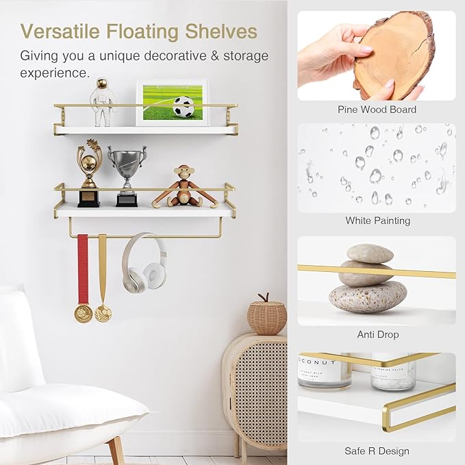 Forbena Floating Bathroom Shelves Wall Mounted, Aesthetic White and Gold Shelves for Bathroom Accessories, Modern Bathroom Organizer with Tower Bar for Wall Decor Storage Small Spaces, Set of 2-NeatNest