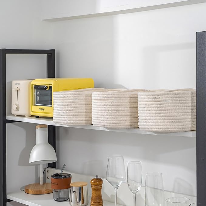 CubesLand Off White Small Storage Baskets for Shelves, Closet Organization Storage Bins Empty Gift Basket Baby Nursery Woven Baskets for Organizing, Rectangular Clothes Closet Shelves Baskets 3 Packs-NeatNest