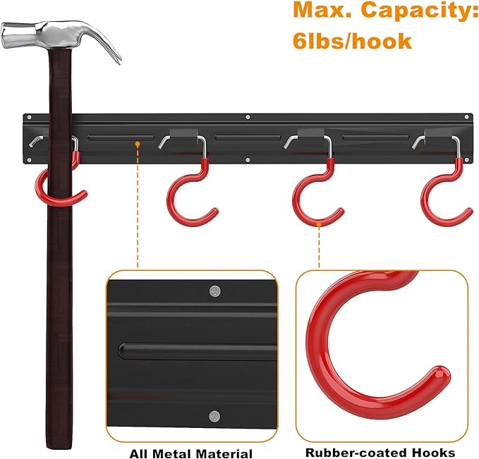 WALMANN All Metal 64 Inch Wall Mount Garden Tool Organizer for Garage, Mop and Broom Holder, Yard Tool Storage Rack for Rake, Shovel, Spade, Mop, Broom(4 Rails, 16 Hooks)-NeatNest