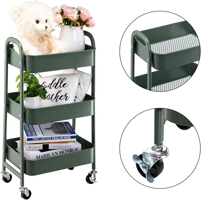 AGTEK Movable Rolling Organizer - 3 Tier Metal Storage Cart, Green-NeatNest
