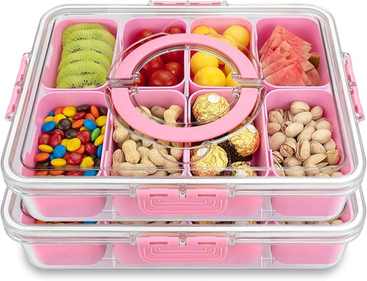 Divided Serving Tray with Lid and Handle,8 Compartments Snacks Box,Snack Fruit Tray,Veggie Tray,Portable Platter for Candy Fruits Nuts Snack Party Entertaining Picnic (2PCS Pink)-NeatNest
