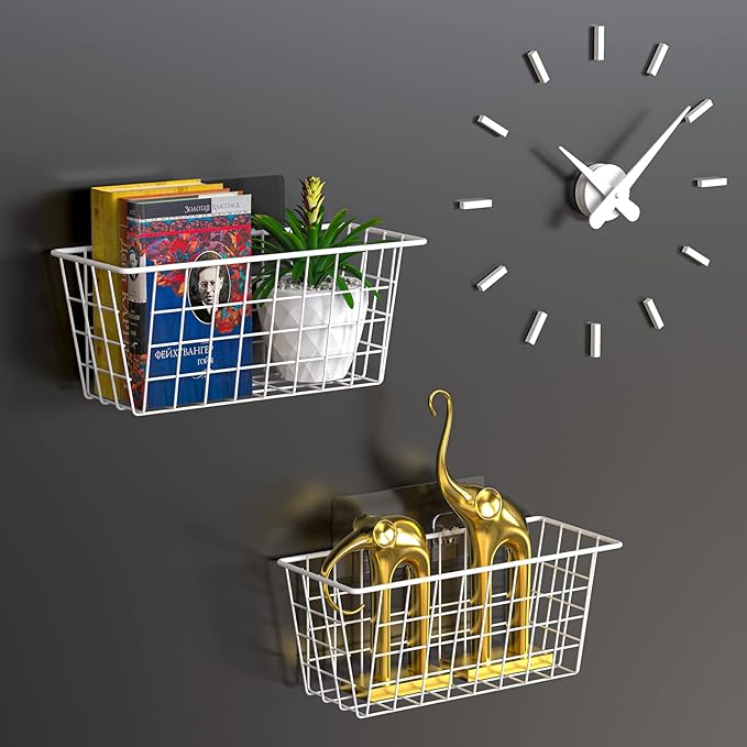 MaraFansie Wall Wire Baskets Adhesive Basket Hanging Kitchen Baskets No Drilling for Cabinet & Pantry Organization and Kitchen, Bathroom, Bedroom Storage, 4 Pack, White-NeatNest