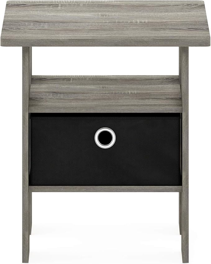 Furinno Andrey End Table / Side Table / Night Stand / Bedside Table with Bin Drawer, French Oak Grey/Black