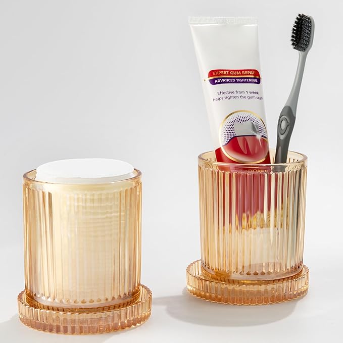 2 Pack Qtip Holder - Apothecary Jars with Lids, Bathroom Organizers and Storage Canister for Cotton Balls,Swabs,Floss Picks,Hair Ties,Clear Glass Vintage Bathroom Decor Jar Set (Amber)-NeatNest
