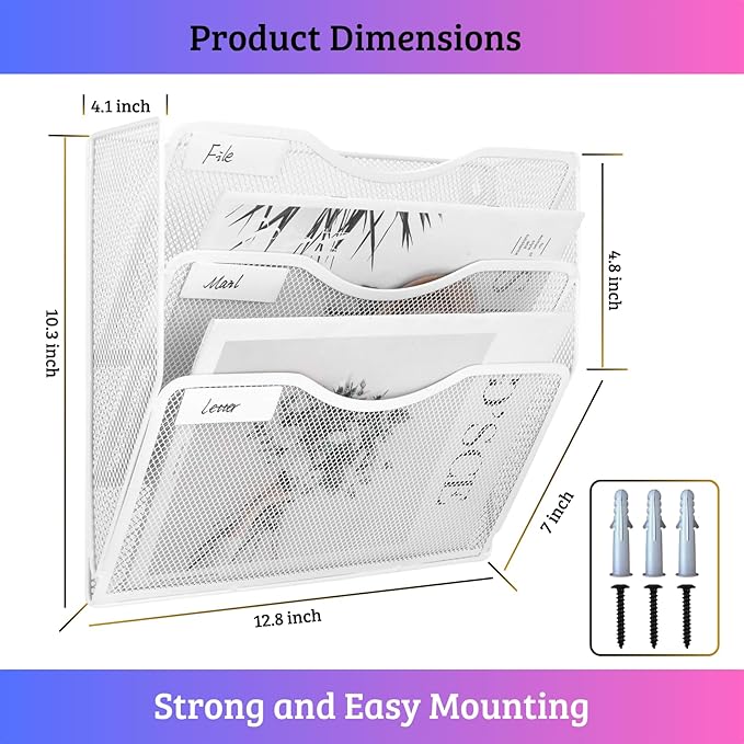 3 Pocket Wall File Holder Organizer, Mesh Hanging Wall Mounted Document Paper Folder Filing Magazine Rack with Nametag Label for Office Home School, 3 Tier White