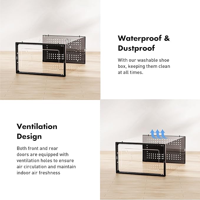 Shoe Storage Box, 15 Pack Clear Plastic Stackable Shoe Organizer for Closet, Interlocking Design Shoe Container Bins for Sneakers, Foldable Shoe Rack with Lids, Black-NeatNest