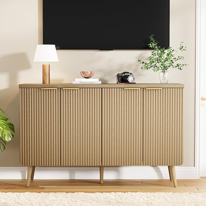 47.2" Sideboard Buffet Cabinet with Storage, Modern Fluted Accent Credenza with 4 Doors, Buffet Media Console Entryway Cabinet with Adjustable Shelve for Living Dining Room Hallway, Natual Oak-NeatNest